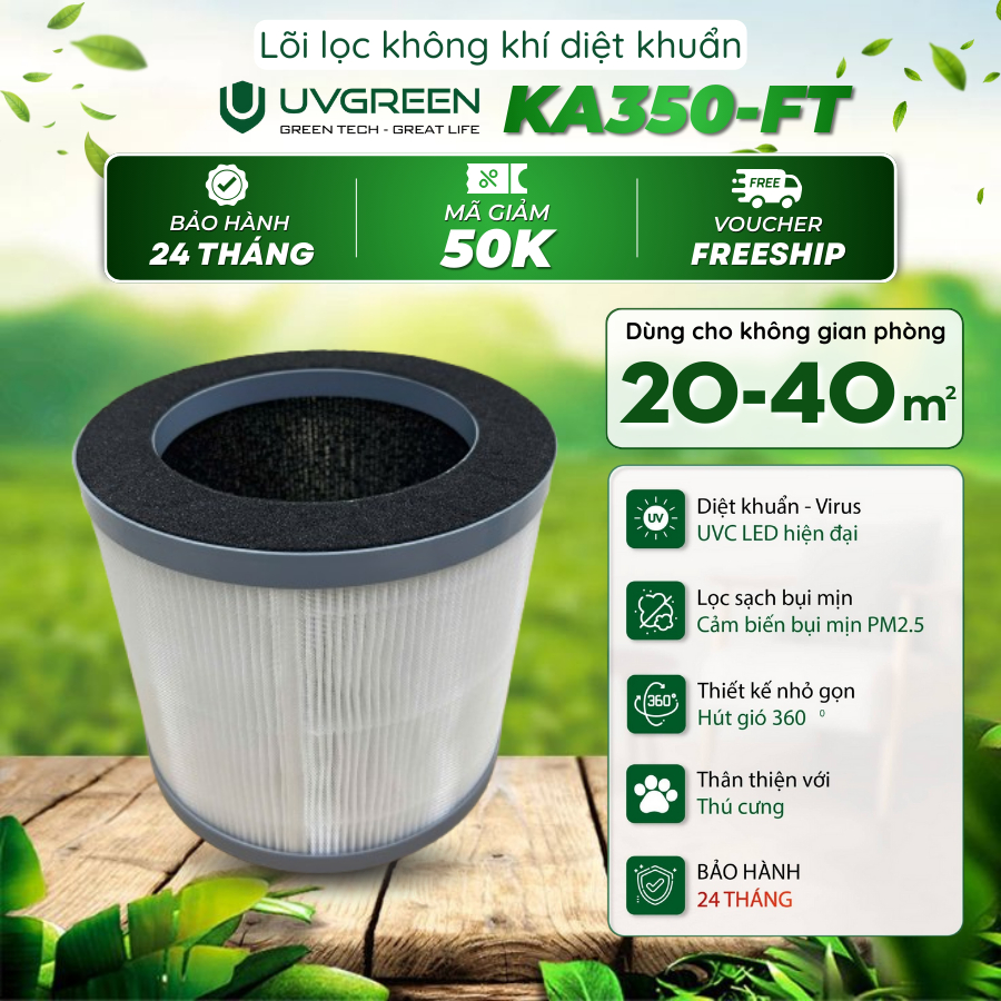 Lõi lọc diệt khuẩn cho Máy lọc không khí UVGREEN KA350 FT - Hepa H13, Lọc 3 lớp, Lọc khói, Chính hãn
