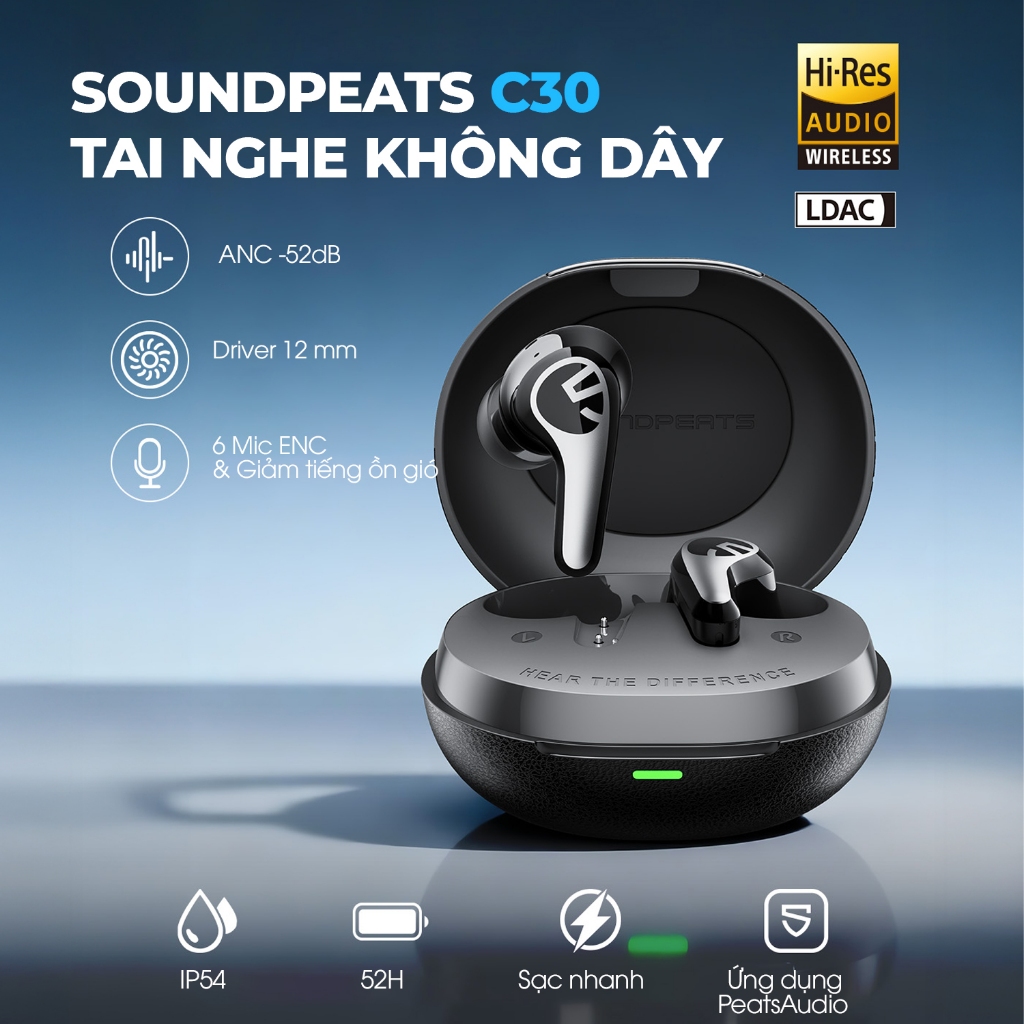 Tai Nghe True Wireless SoundPEATS C30 Hyrid ANC 52dB | Driver PU Titanium | 6 Mic ENC+ | Hires LDAC | Bluetooth 6.0 | BigBuy360 - bigbuy360.vn