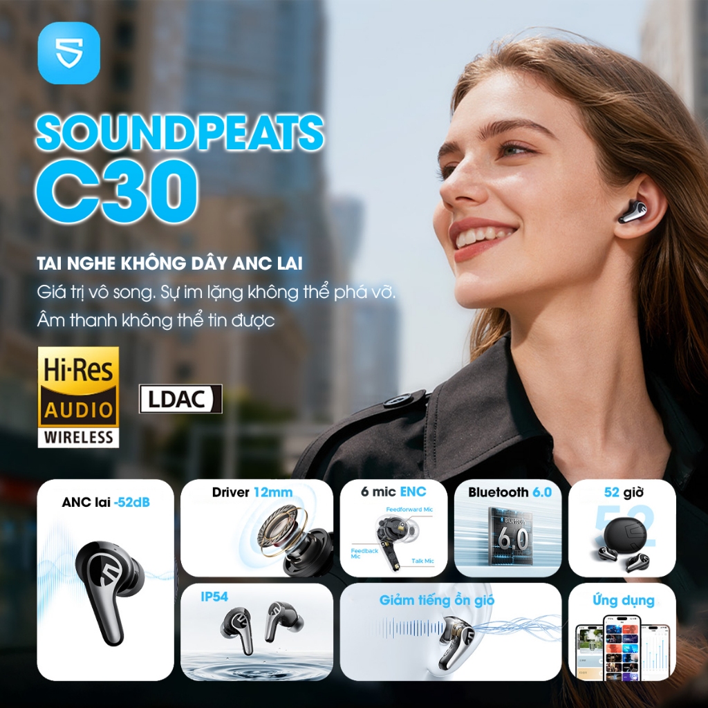 Tai Nghe True Wireless SoundPEATS C30 Hyrid ANC 52dB | Driver PU Titanium | 6 Mic ENC+ | Hires LDAC | Bluetooth 6.0 | BigBuy360 - bigbuy360.vn