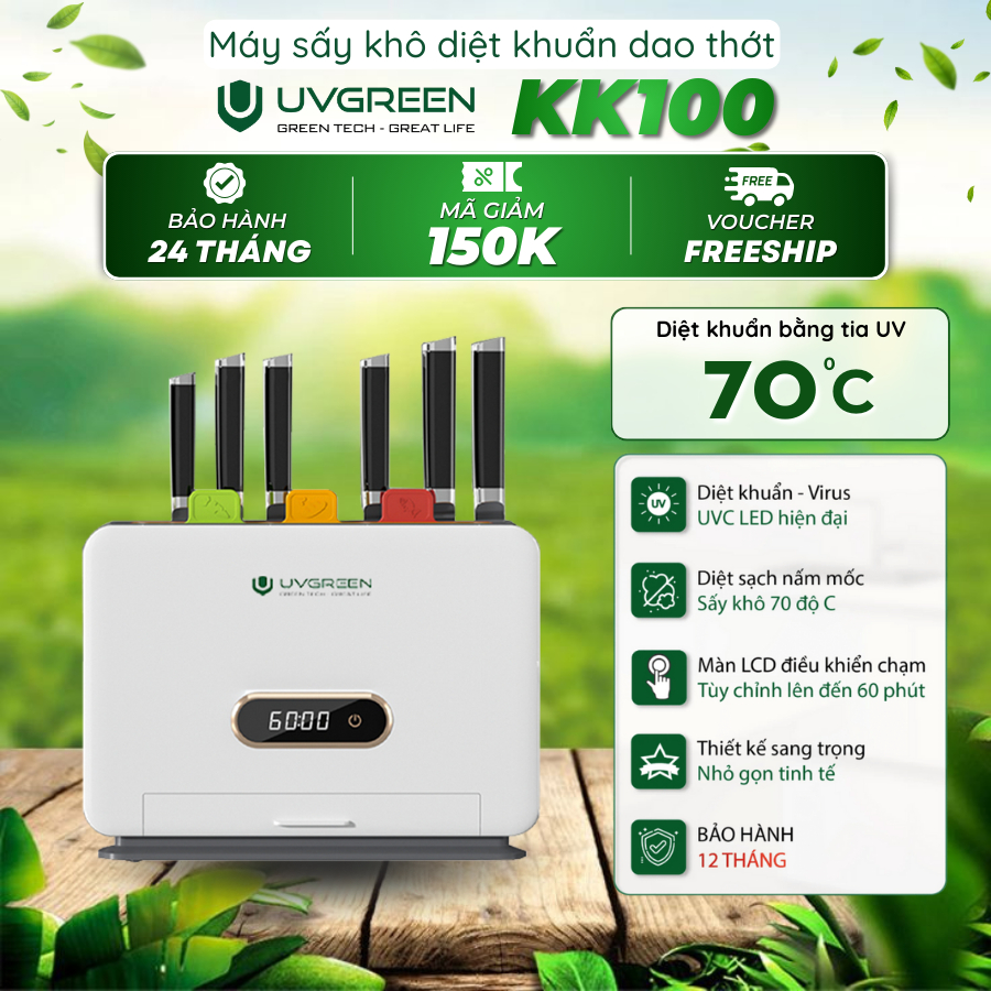 [Tặng Bộ 3 Thớt] Máy tiệt trùng sấy khô dao thớt UVGREEN KK100 | Sấy Khô 70’C, Công Nghệ UVC LED, Bả