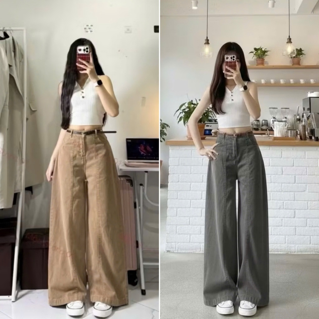 Quần Suông Jean Cạp Cao Màu Nâu Tây Thiết Kế Chắp Thân