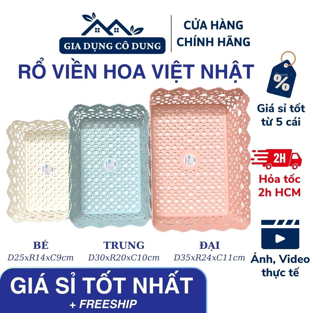 Khay Hoa Chữ Nhật, Rổ Nhựa Đựng Đồ, Rổ Đa Năng Màu Sắc Nhẹ Nhàng Nhựa Việt Nhật (Bé/Trung/Lớn)