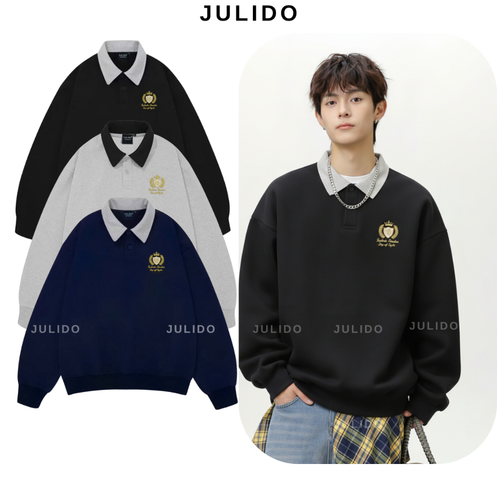 SWEATER POLO JULIDO STUDIO - chât nỉ hai da két hợp logo thêu - phong cách Hàn Quốc