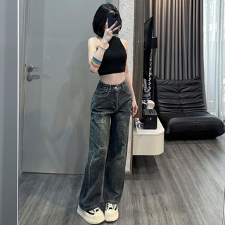  Quần jean ống suông nữ MELINA quần bò thêu chữ B nổi đen màu xanh đen rêu xanh nhạt size S M L 86236 