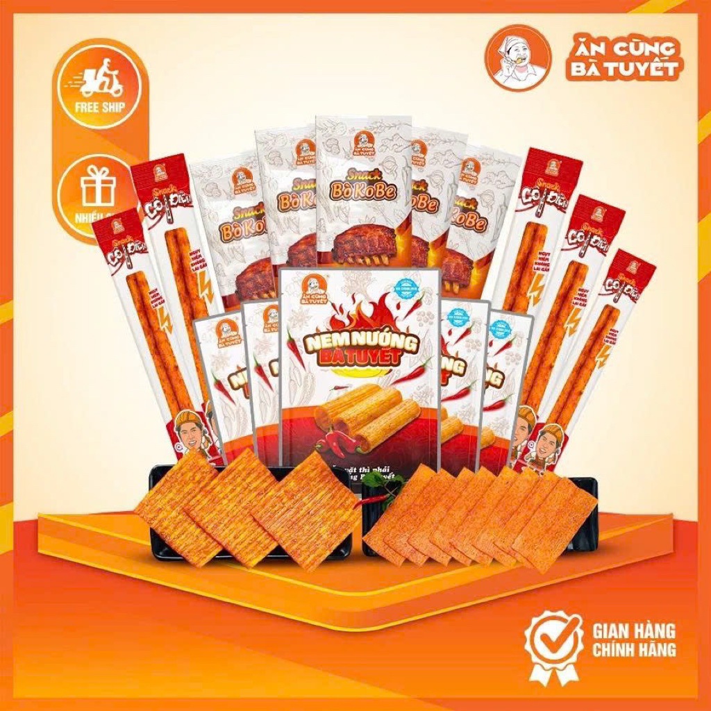 Combo: KIẾM BỘ TÁM gồm: 5 Snack cột điện + 5 Snack Bò Kobe + 5 Nem Nướng - ĂN CÙNG BÀ TUYẾT M6