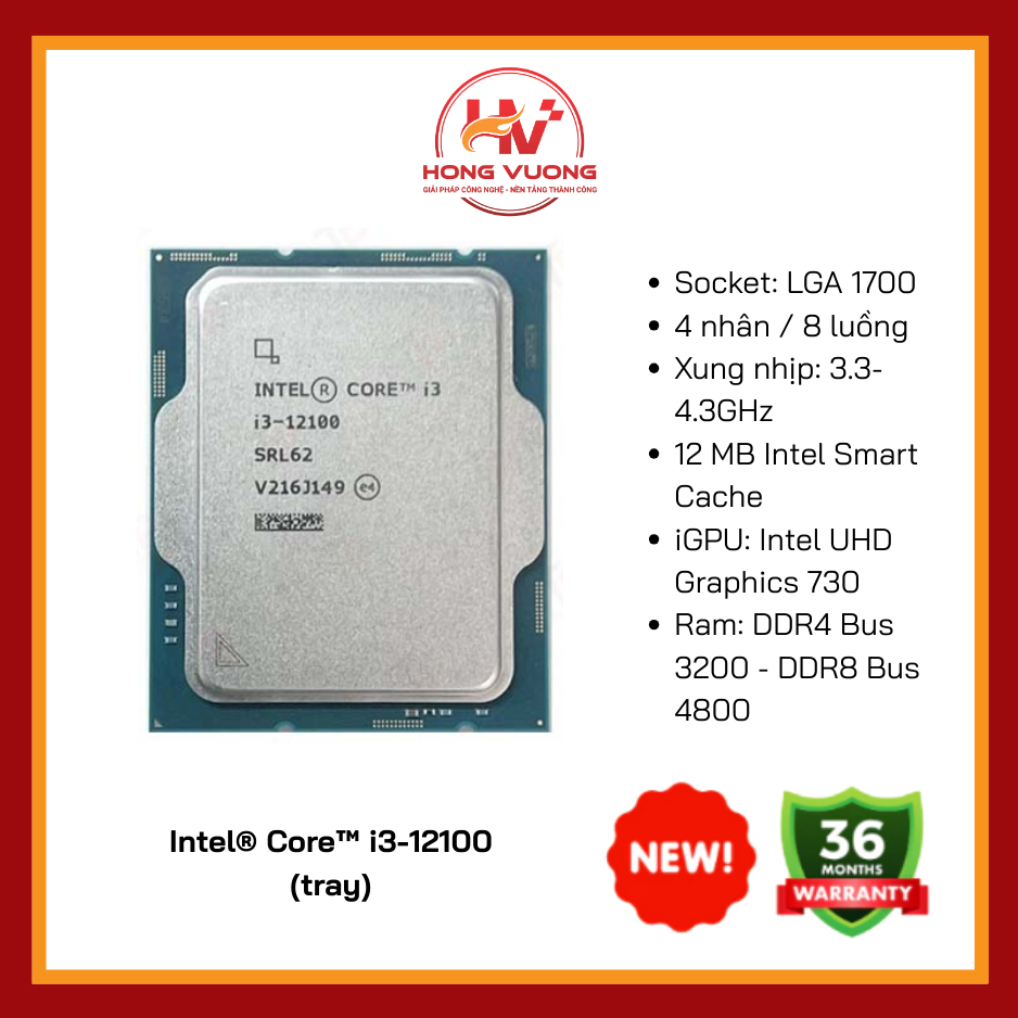 CPU Intel Core i3-12100 | 4 Nhân 8 Luồng | Turbo 4.3GHz | Chính Hãng – Giá Tốt