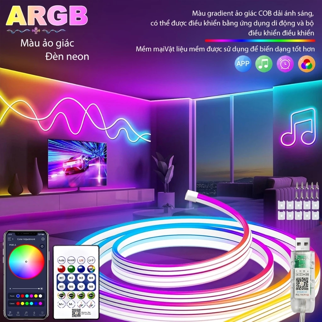 Đèn neon 10M 5V ARGB,Dây đèn neon chạy đuổi ARGB trang trí decor tường phòng ngủ,góc làm việc PC,phòng khách