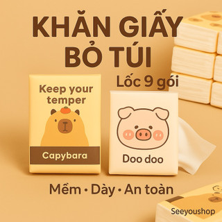  Khăn Giấy Bỏ Túi Cute Mini | 1 Lốc 9 Gói | Giấy Khô Mềm – Không Bụi – Thấm Tốt | Mẫu Capybara Gấu Heo Thỏ | SEEYOUSHOP 