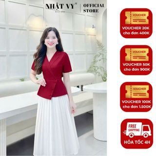  Áo LẺ nữ  KHÔNG KÈM VÁY  Nhật Vy peplum cổ V tay ngắn chất lụa công sở dự tiệc màu đỏ nâu đen trắng - D3516 