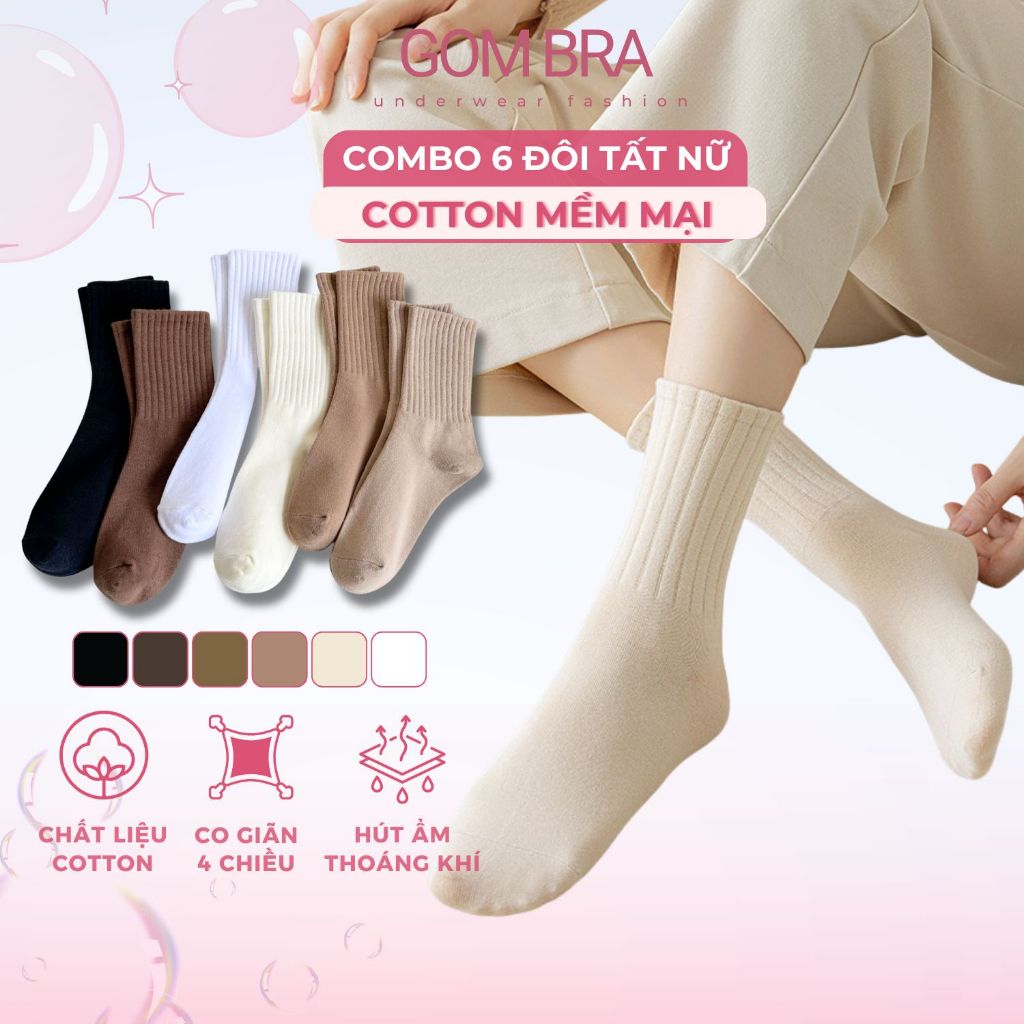 Combo 6 đôi tất cổ cao trơn sọc gân Gom Bra, vớ nữ cao cổ chất vải dày dặn êm ái, khử khuẩn thoáng khí - OAS-1701-CB6