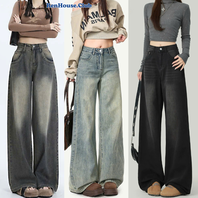 Quần Jeans Dài Wash Renhouse Suông Rộng Cạp Cao TônDáng Cực xinh MÀU Xanh WASH Xám Bạc Ống Đứng Phon