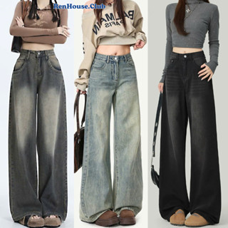 Quần Jeans Dài Wash Renhouse Suông Rộng Cạp Cao TônDáng Cực xinh MÀU Xanh WASH Xám Bạc Ống Đứng Phong Cách Retro Ulzzang 