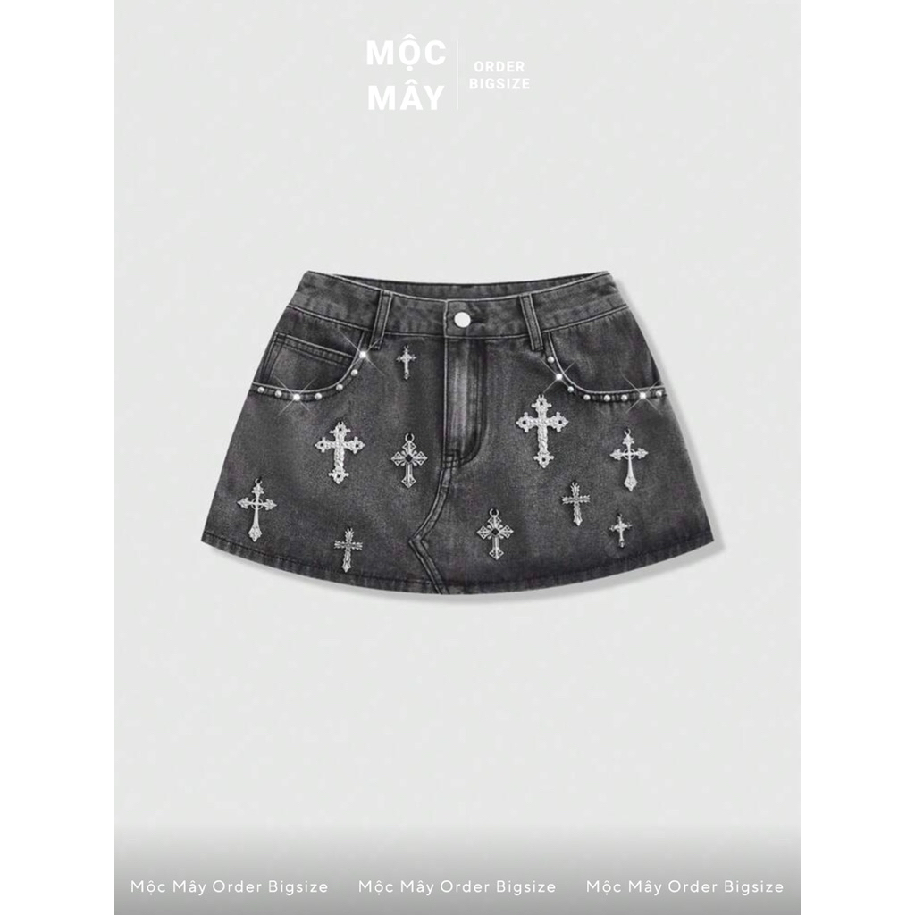 Chân váy jean xám loang đính khuyên y2k gothic | Order Bigsize S–XL