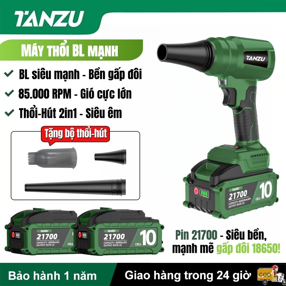 TANZU Máy thổi bụi không dây 2in1 Thổi Hút | BL Motor | Pin 21700 | Turbo mạnh
