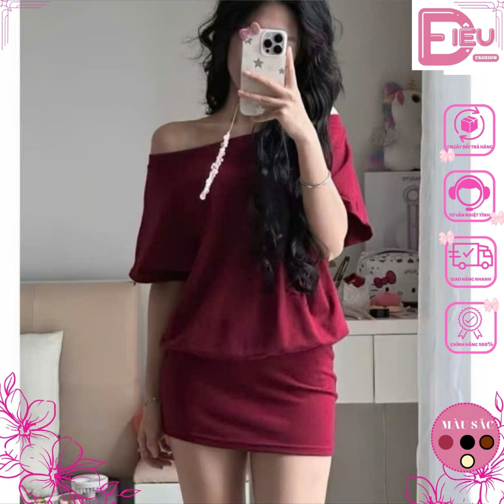 Đầm Body Lệch Vai Tay Ngắn Phối Ren, Đầm Liền Tôn V3 Phù Hợp Đi Chơi Tết Noel - DIEU.FASHION D03
