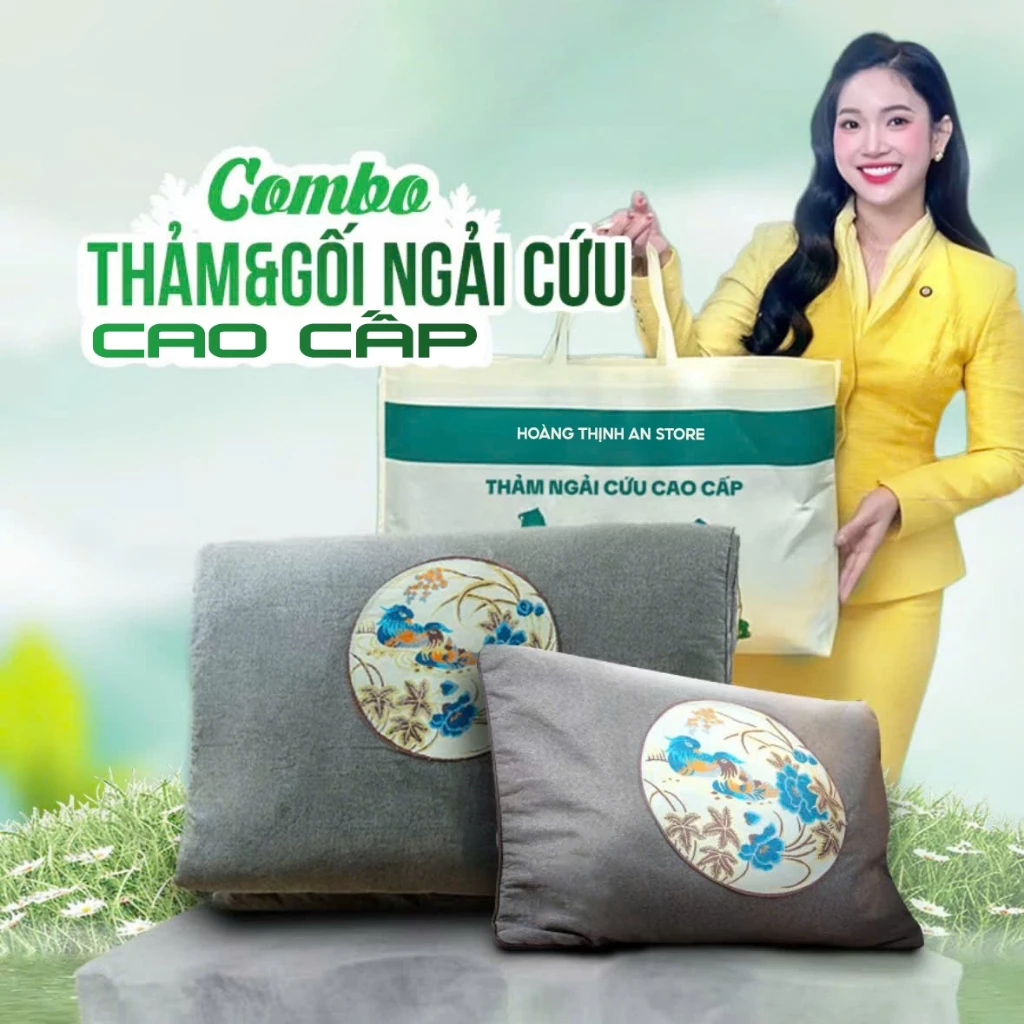 Combo Gối và Thảm Ngải Cứu Hoàng Thịnh An Cao Cấp  – Đệm Sưởi Ngải Cứu Đông Y Thải Điện, Bảo Vệ Sức Khỏe Người Dùng