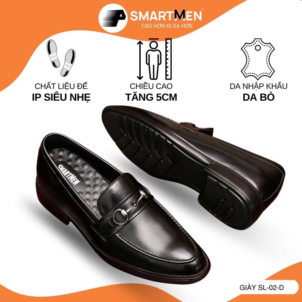 Giày Lười công sở, Đế IP siêu nhẹ SL-02-D SMARTMEN,da bò cao cấp nhập khẩu, Tăng 5cm chiều cao