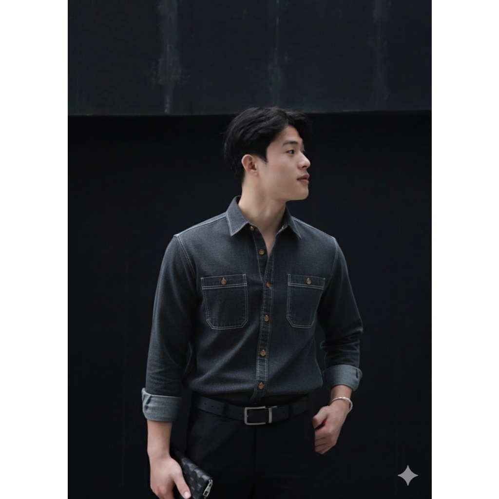 Sơ mi denim unisex cổ bẻ may chỉ nổi thương hiệu Gusta - SMDN03