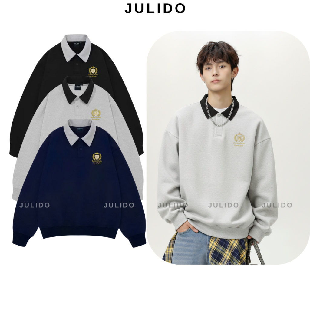 SWEATER POLO JULIDO  - chât nỉ hai da két hợp logo thêu - phong cách Hàn Quốc