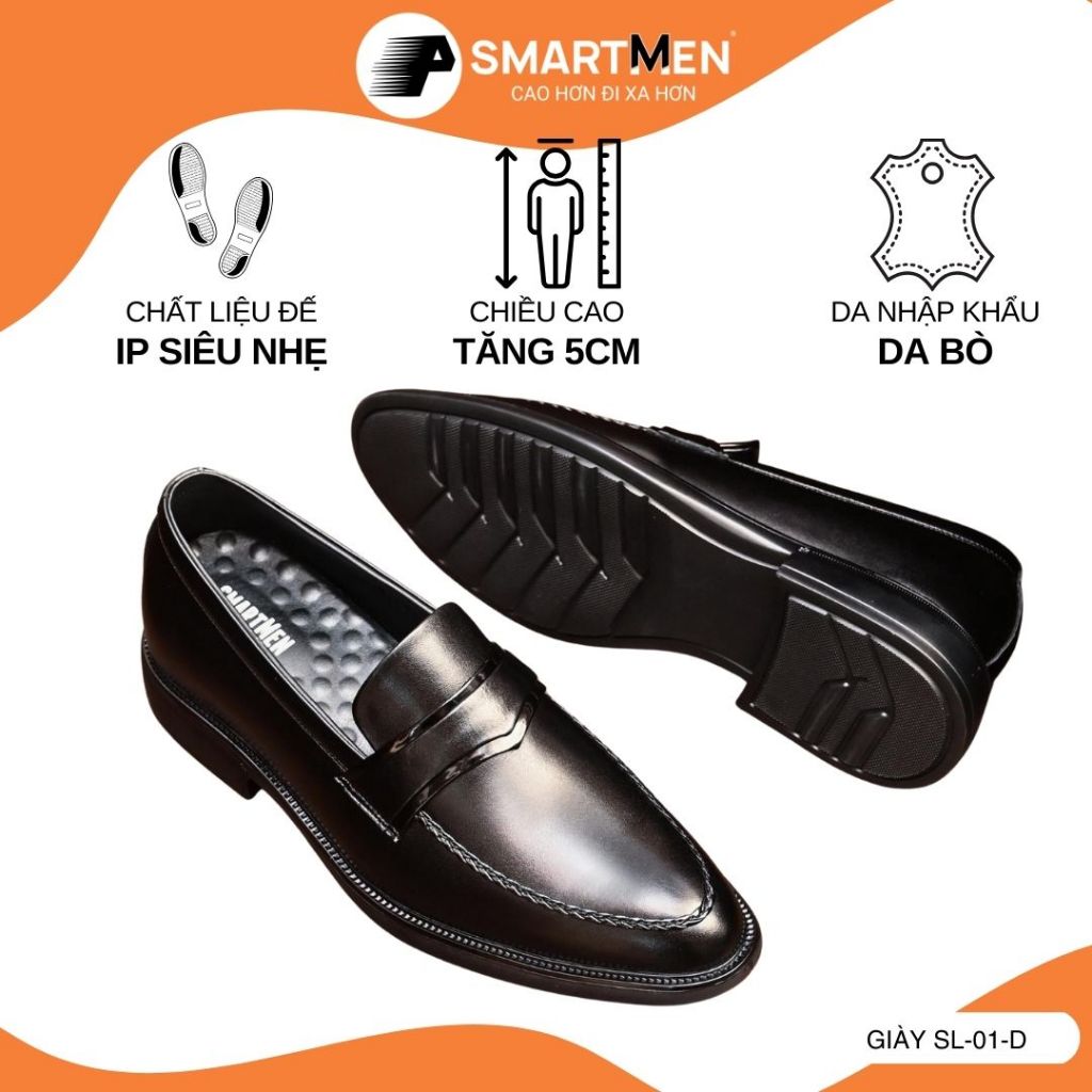 Giày Lười Loafer công sở Đế IP  siêu nhẹ SMARTMEN SL-01-D. Da bò cao cấp Tăng 5cm chiều cao