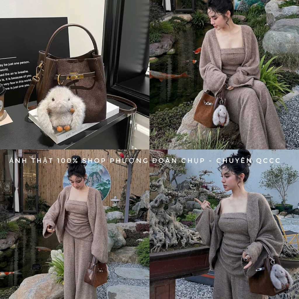[ QC LOẠI 1 mã T26] Túi xách tay, đeo chéo dáng giọ da lộn phối da size 19cm mẫu mới 2026 tặng kèm thỏ bông