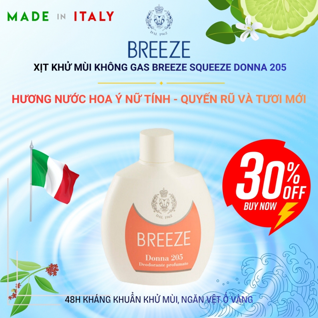 [GIẢM 30%] Xịt Khử Mùi Cơ Thể Nữ Không Gas Breeze Squeeze Donna 205 100ml – Khử Mùi 48h