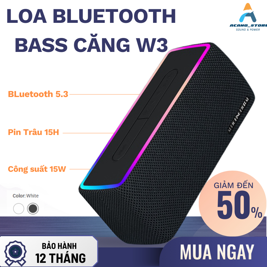 Loa Bluetooth W3 Bass Căng 2 Loa Kèm Đèn Leb Đa Màu, CôngSuất 15W, Pin Trâu15H, Âm Thanh Sống Động