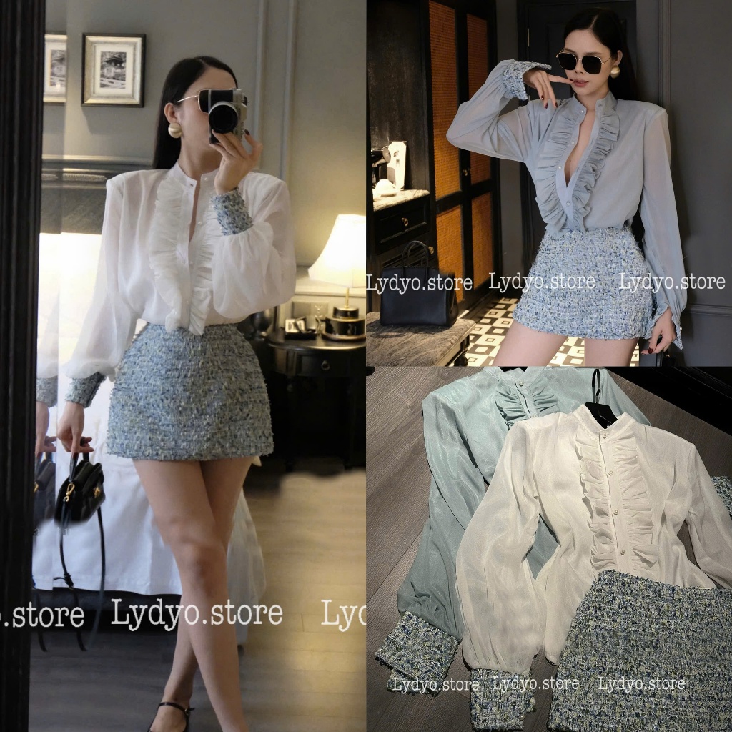 Set váy đầm dạ tweed xước, áo sơ mi bèo cổ phối dạ tweed, áo voan tơ trắng xanh chân váy dạ tweed ng