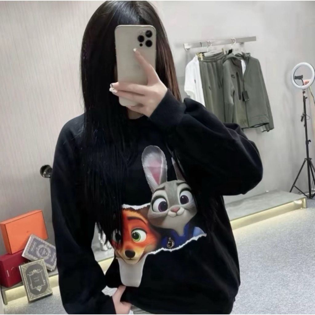 Áo nỉ SWT hoạ tiết thỏ và cáo phong rộng chất nỉ trần bông dày