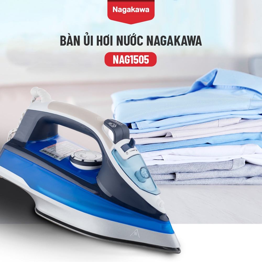 Bàn là hơi nước Nagakawa NAG1505, công suất 1200W, cảm biến nhiệt đóng ngắt, bảo hành 12 tháng