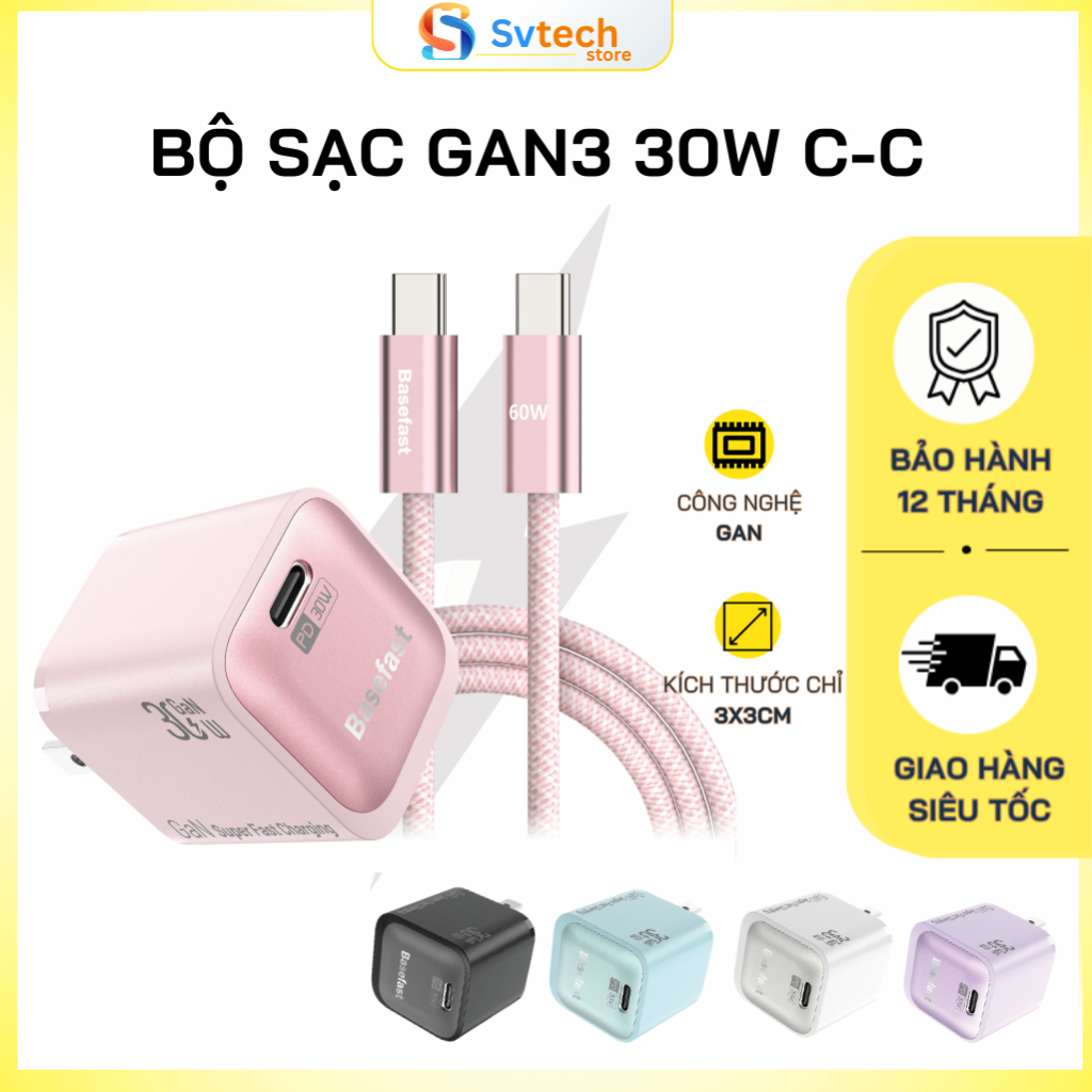 Củ Sạc Nhanh GaN3 30W + Cáp Type-C sang Type-C Basefast (Dành cho Phone 15/16/17, Samsung, Oppo, iPad)