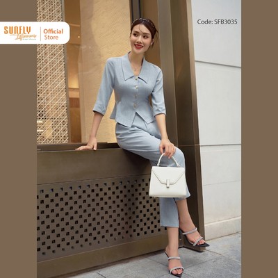 Bộ linen xước áo dáng vest quần côn SUNFLY SFB3035