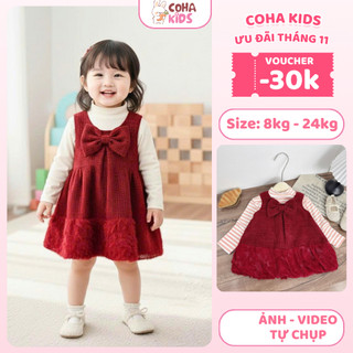   VOUCHER GIẢM 20K  Đầm Bé Gái Đỏ Dáng Yếm Nơ Lớn Chân Váy Ren Xòe Phối Áo Giữ Nhiệt Dài Tay Cổ Cao Váy Dạ Mùa Đô 