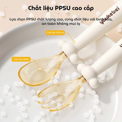 ( Tặng Hộp) Set thìa nĩa tập xúc Youkebei Cho bé Nhựa PPSU Uốn dẻo an toàn KidAndMom 6 Tháng
