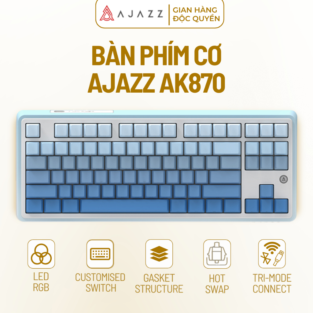 Bàn Phím Cơ Ajazz AK870 3 Mode Kết Nối Led RGB Gasket Mount Hỗ Trợ App Macro Pin Sạc Cao Cấp