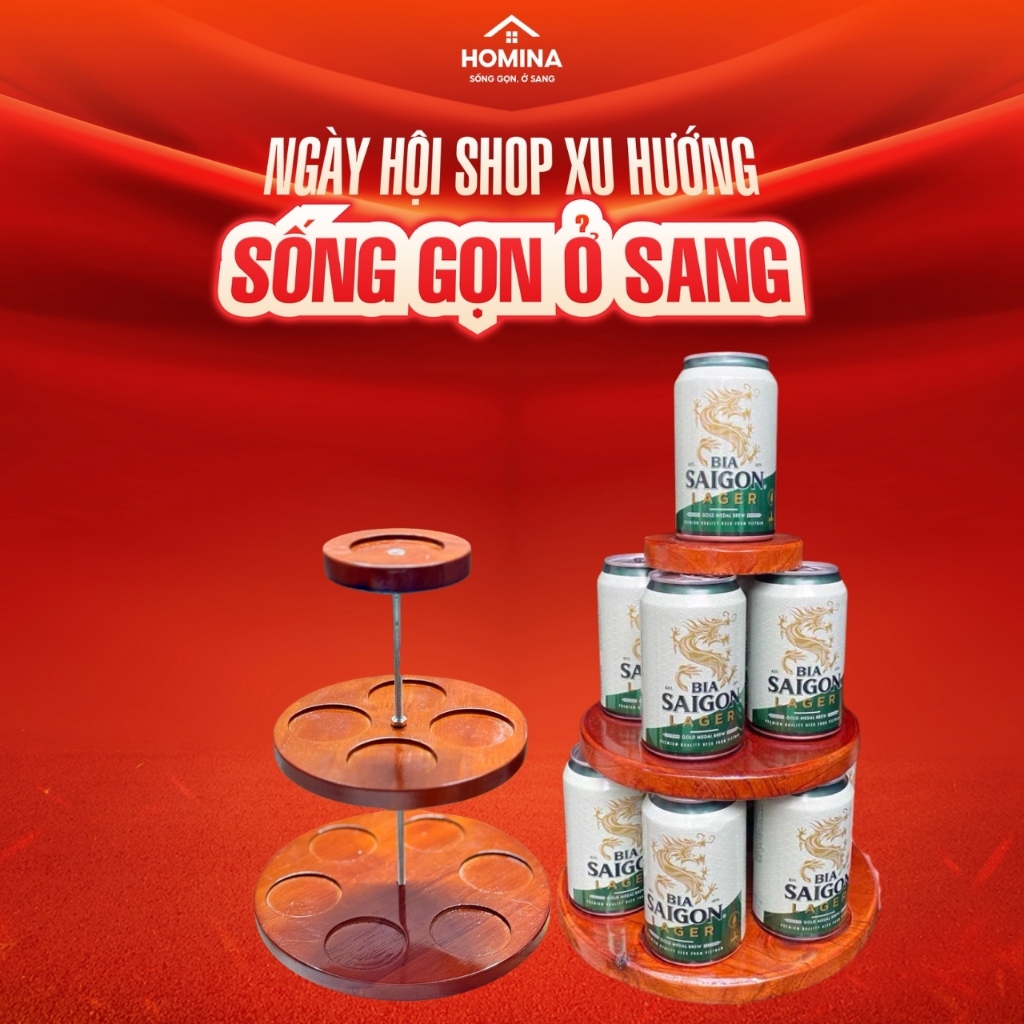 Tháp bày bia nước ngọt, THÁP GỖ 3 tầng trưng bày ngày Tết ban thờ phủ bóng hàng dày đẹp - homina