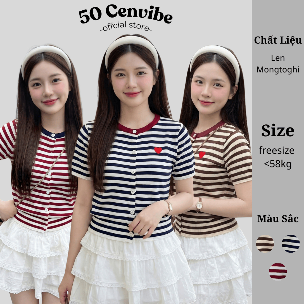 Áo Len Dệt Kim Cộc Tay Cổ Tròn Thêu Trái Tim Kẻ Sọc Ngang Phong Cách Korea (50 Cenvibe) 1-4005