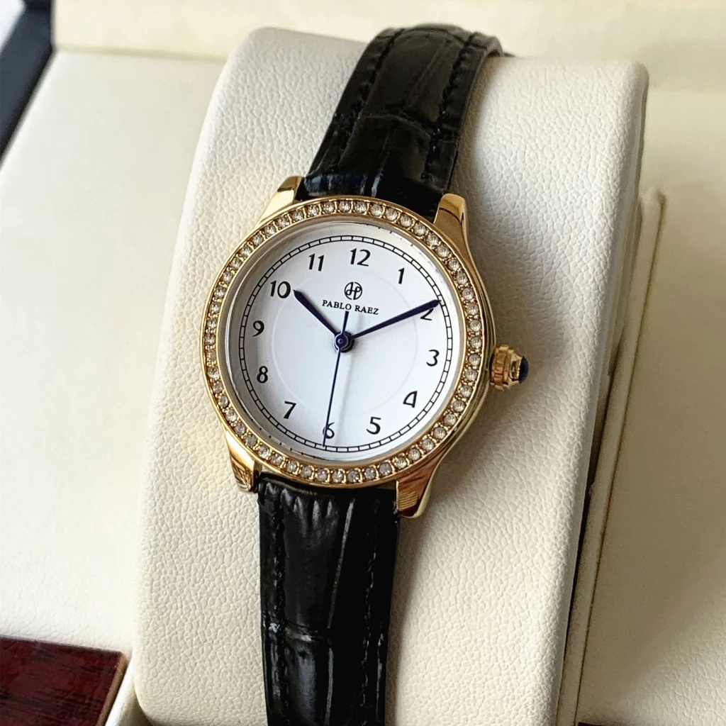 [Peinn] Đồng hồ nữ dây da PABLO RAEZ viền đính đá sang trọng lịch sự phong cách Hàn Quốc 28mm E805 C