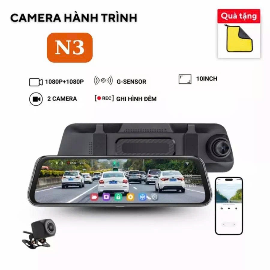 Camera hành trình ô tô N3 CARLOVER Cảm ứng Full màn hình 10 inch Hỗ trợ ghi hình đêm Hiển thị vạch k
