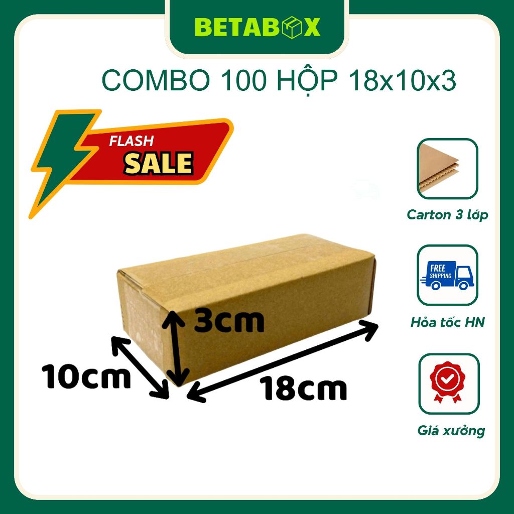 BETABOX - 18x10x3 Combo 100 Hộp carton đóng hàng