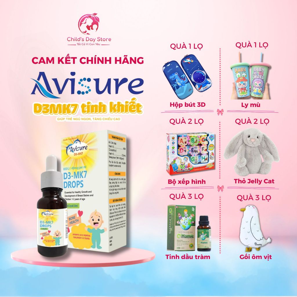 Avisure D3-MK7 Vitamin D3 K2 MK7 Tinh Khiết Cho Trẻ Sơ Sinh, Hỗ Trợ Xương Răng Chắc Khỏe, Phát Triển