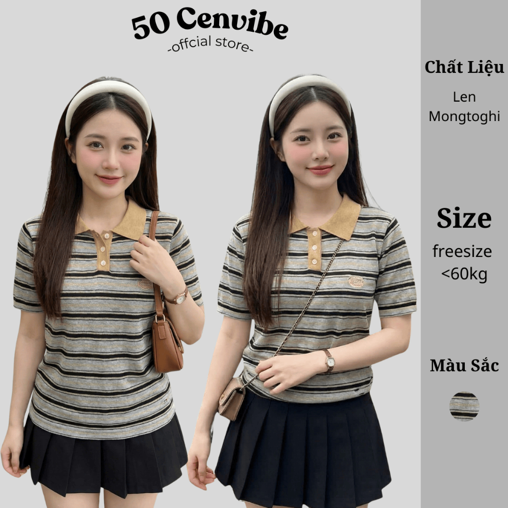 Áo Len Cộc Tay Dệt Kim Cổ Polo Thêu Họa Tiết Hot Kẻ Sọc Ngang Phối Cổ Vàng Đất Hottrend (50 Cenvibe)