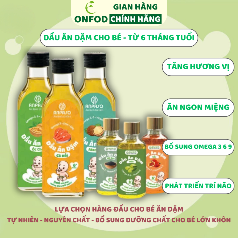 Dầu ăn dặm cho bé ANPASO ONFOD Set dầu Oliu Óc Chó Cá Hồi Mè 50ml Dầu Chiên Xào 100ml