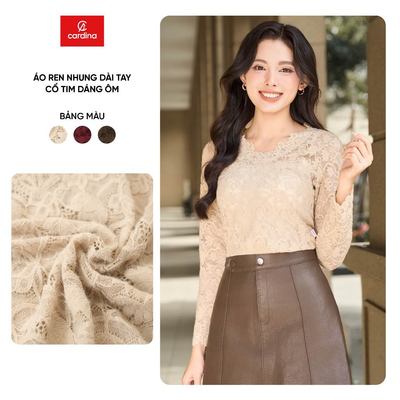 Áo ren nữ CARDINA  vải ren nhung co giãn dài tay cổ tim dáng ôm 5ARD02