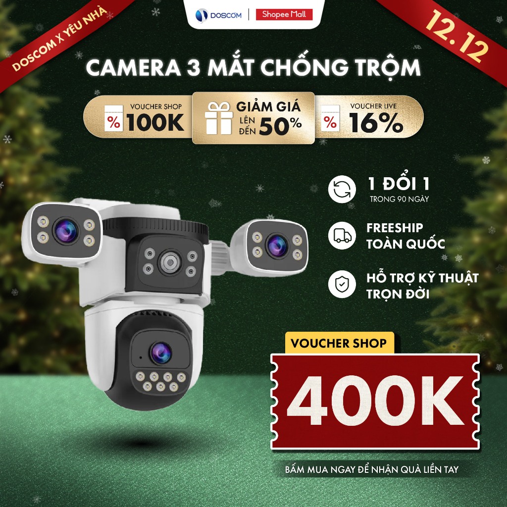 (Giảm 400k) Camera wifi 3 mắt DOSCOM DA3 Pro, Camera ngoài trời 360°, chống nước cao cấp, nhìn đêm