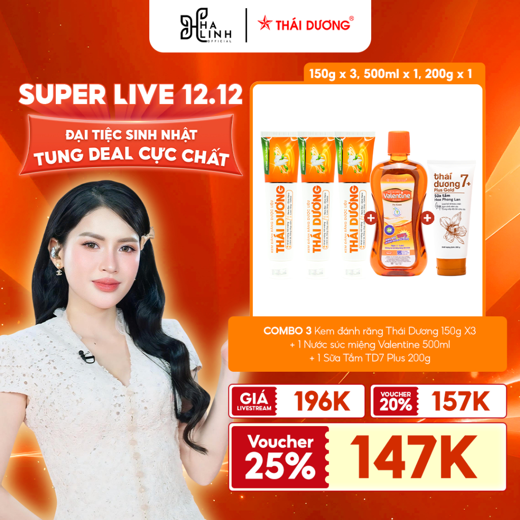   VHL X STD  COMBO 3 Kem đánh răng Thái Dương 150g X3 + 1 Nước súc miệng Valentine 500ml + 1 Sữa Tắm TD7 Plus 200g -CB6 