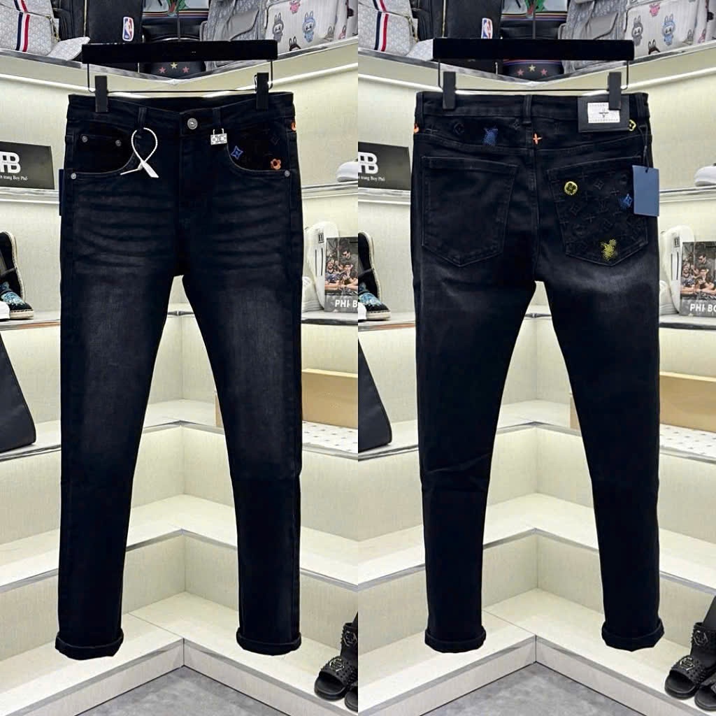 Quần Jean Nam Đen L>V Thêu Túi Sau Chất Co Giãn Đứng Form Cao Cấp Trơn Mặc Đi Học Đi Chơi