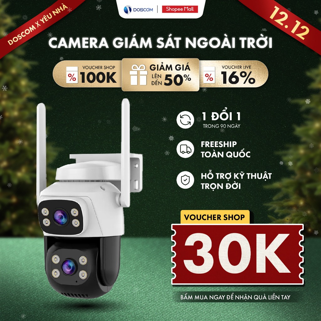 Camera wifi DOSCOM DA3.1, camera ngoài trời 360° đàm thoại 2 chiều, chống nước IP66 BH 12 tháng