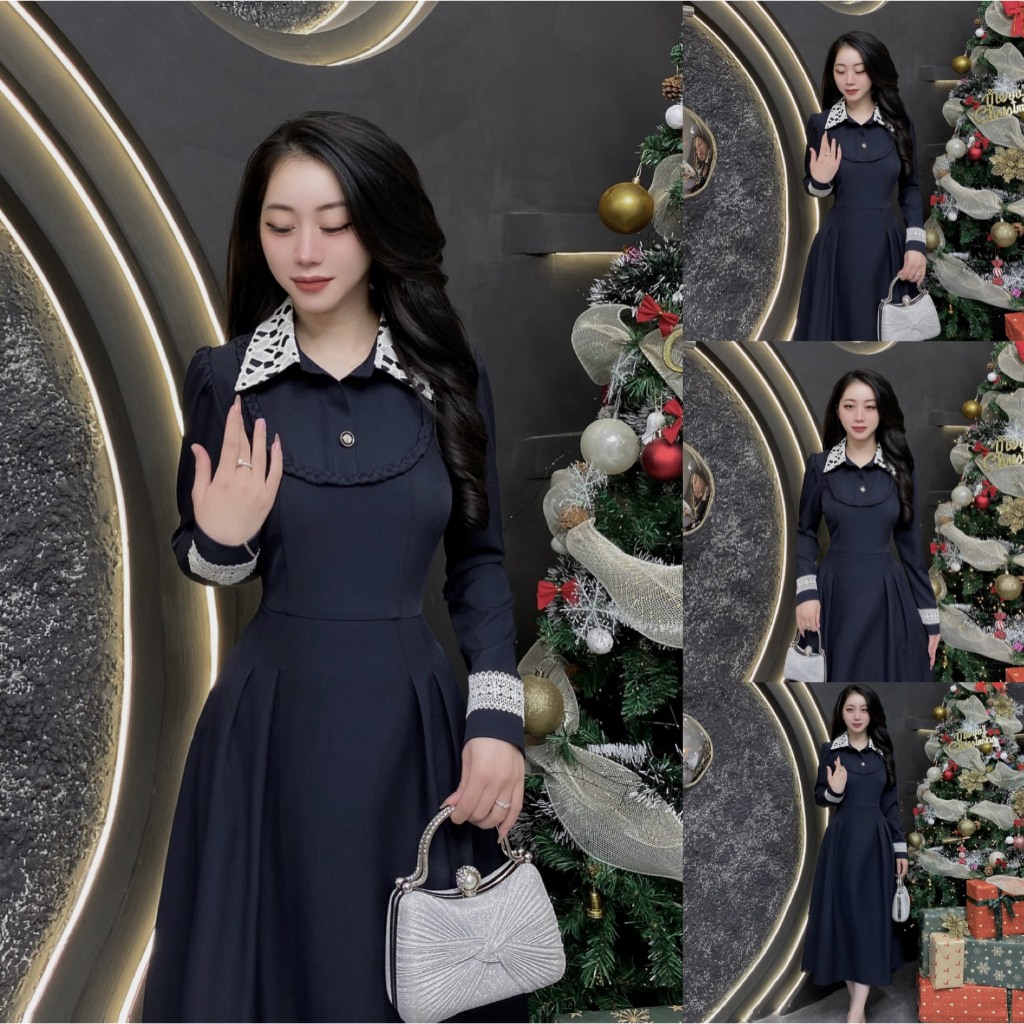 2VK03 - Váy Thiết Kế Eviici dành cho nữ,thiết kế cổ đức phối ren hoa dáng A xòe dài