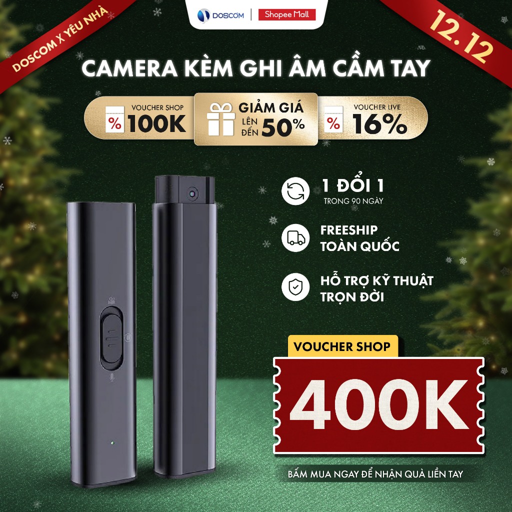 Máy ghi âm Doscom Da5 Ghi Âm và Camera Trong 1 Chạm - Hỗ Trợ Tầm Nhìn Đêm - BH 12 Tháng